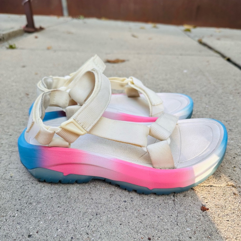 Teva Hurricane CLT2 Pink White and Blue Platform Sandals with Adjustable Straps